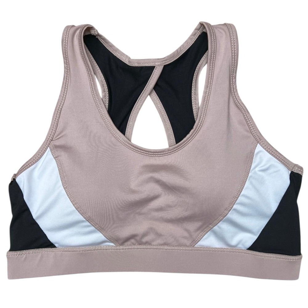 Tahari Sport Bra Womens Large Beige Black‎ Racerback Athletic Gym Yoga Training